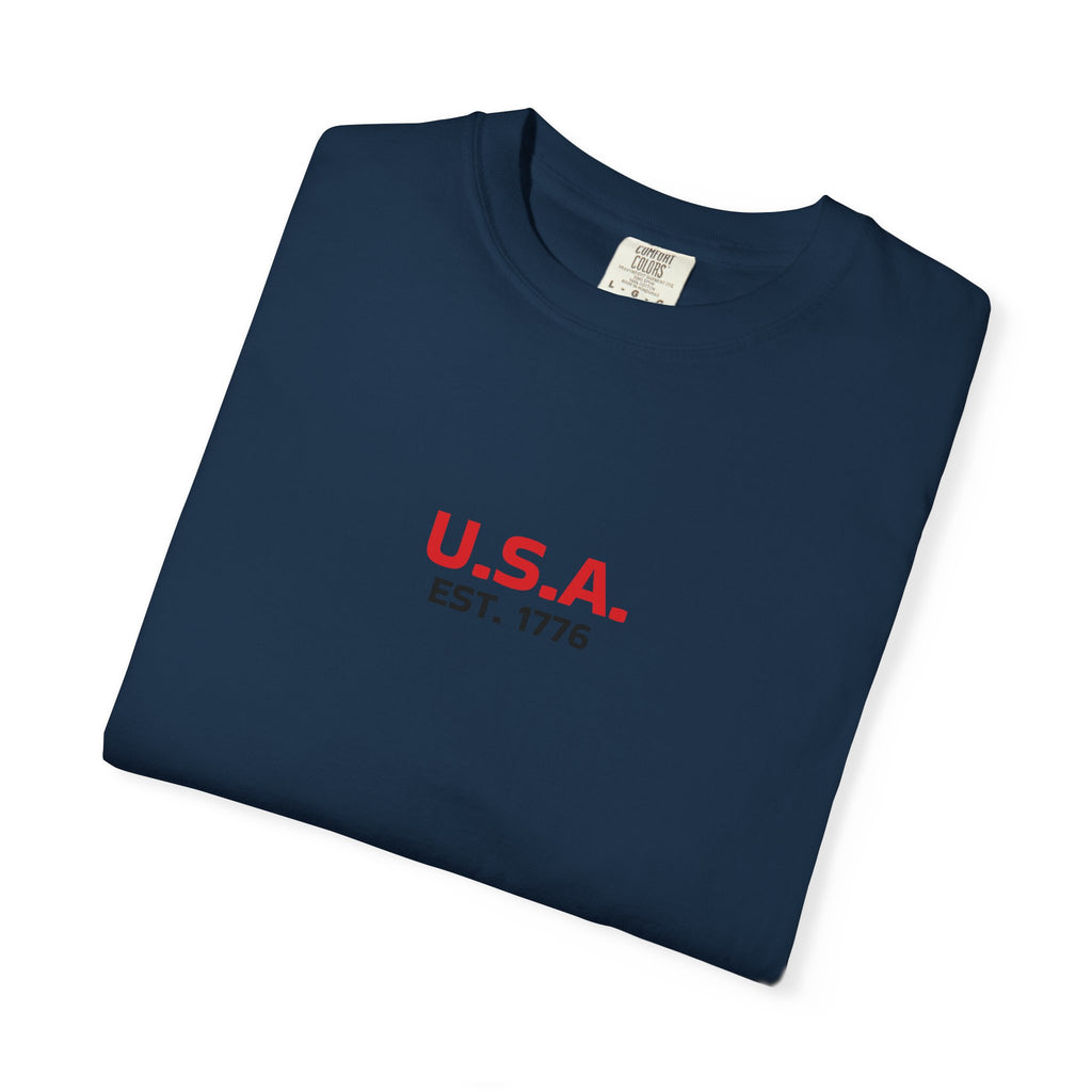 USA Flag T-Shirt — Minimal American Flag Tee with U.S.A. Chest Print