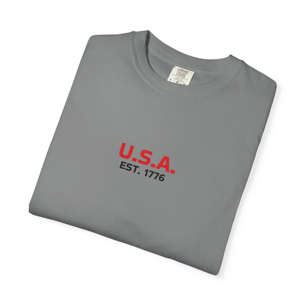 USA Flag T-Shirt — Minimal American Flag Tee with U.S.A. Chest Print