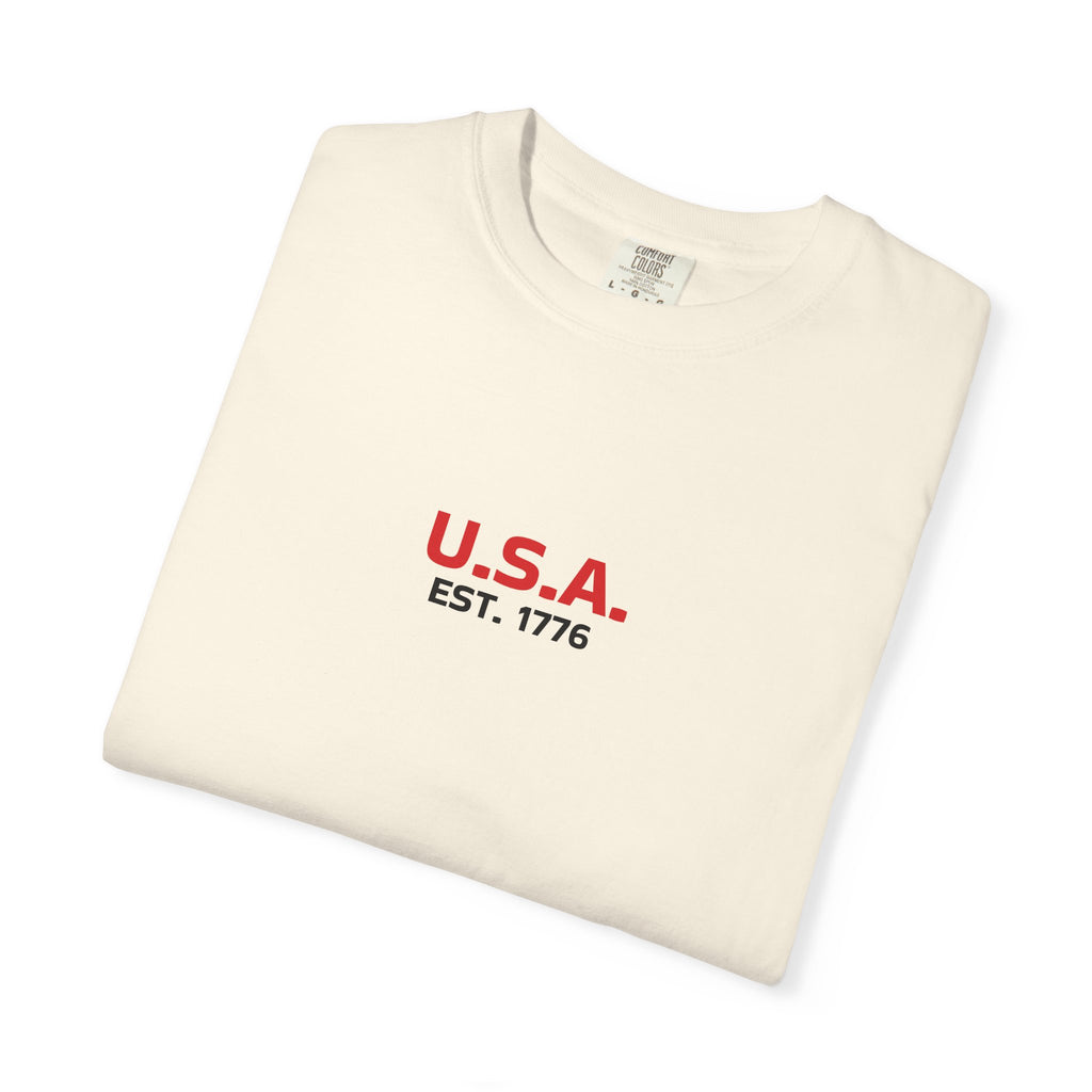 USA Flag T-Shirt — Minimal American Flag Tee with U.S.A. Chest Print