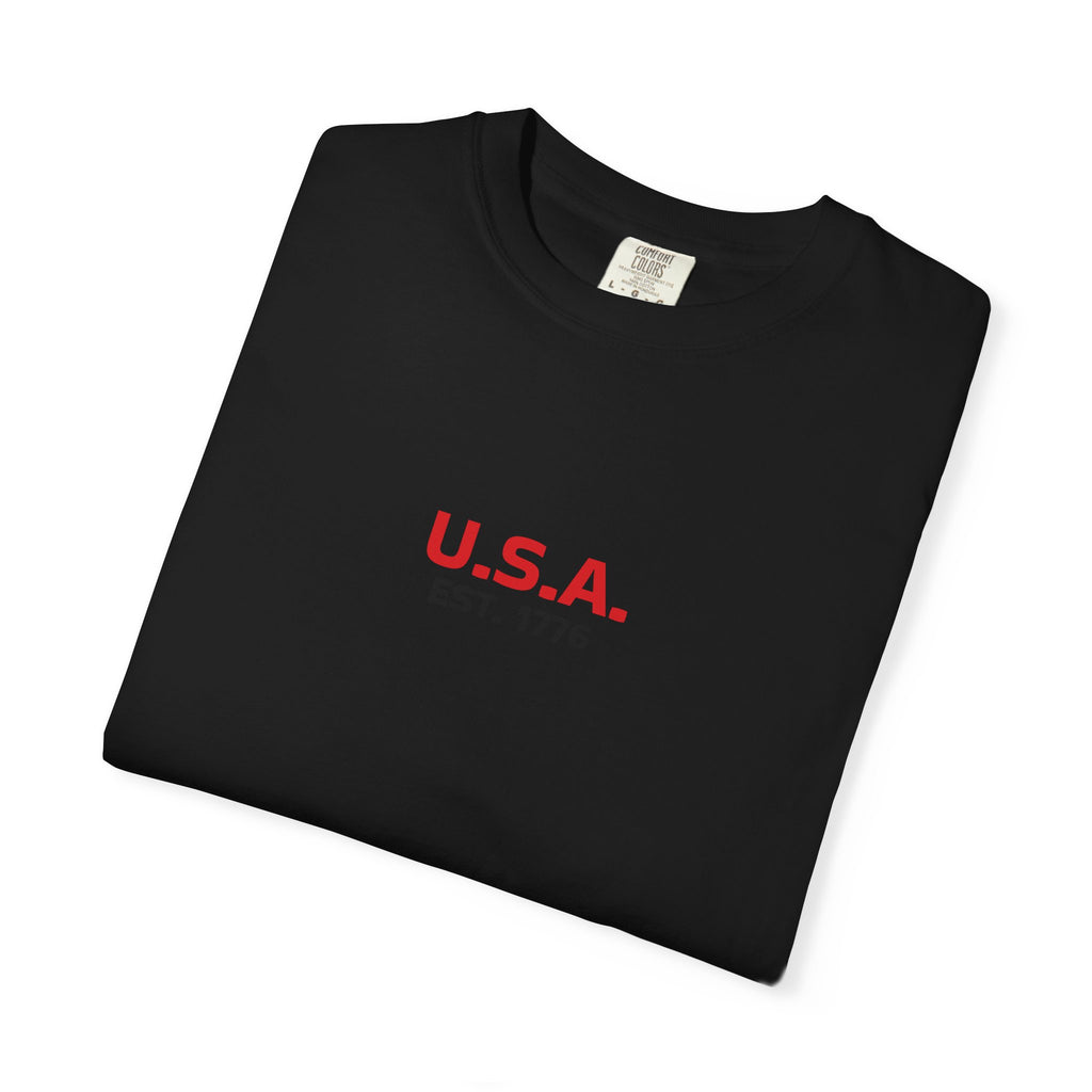 USA Flag T-Shirt — Minimal American Flag Tee with U.S.A. Chest Print